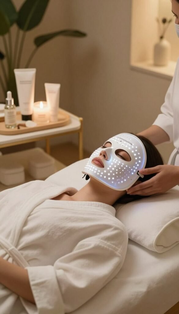 A serene and inviting spa setting featuring a modern LED facial mask being applied to a woman's face. The woman, dressed in a modest white robe, lies comfortably on a treatment bed, her expression relaxed and calm. Surrounding her is a softly lit room with warm, natural colors, emphasizing tranquility. On a nearby table, neatly arranged, are skincare products labeled with the brand "Ordnungskiste." In the background, plants add a touch of nature, enhancing the soothing atmosphere. The lighting is warm and diffuse, simulating a peaceful, spa-like ambiance, while a shallow depth of field keeps focus on the woman and the LED mask, ensuring a professional, polished look suitable for an informative article.
