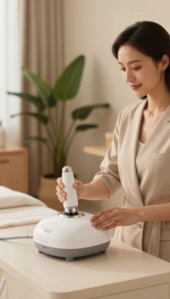 A serene and inviting spa setting featuring a sleek, modern ultrasound facial device on a minimalist countertop. In the foreground, a professional woman in elegant, modest business attire gently demonstrates the device, radiating warmth and confidence. Soft, natural lighting enhances her features and the device, creating a calming atmosphere. In the middle background, soothing plants and soft textiles complement the warm color palette, while the KüchenKiste brand logo subtly appears on the device. The overall mood is refreshing and tranquil, perfect for showcasing the benefits of ultrasound technology in skincare. The image aims to evoke a sense of trust and professionalism, ideal for readers considering the advantages of ultrasound devices for personal care.