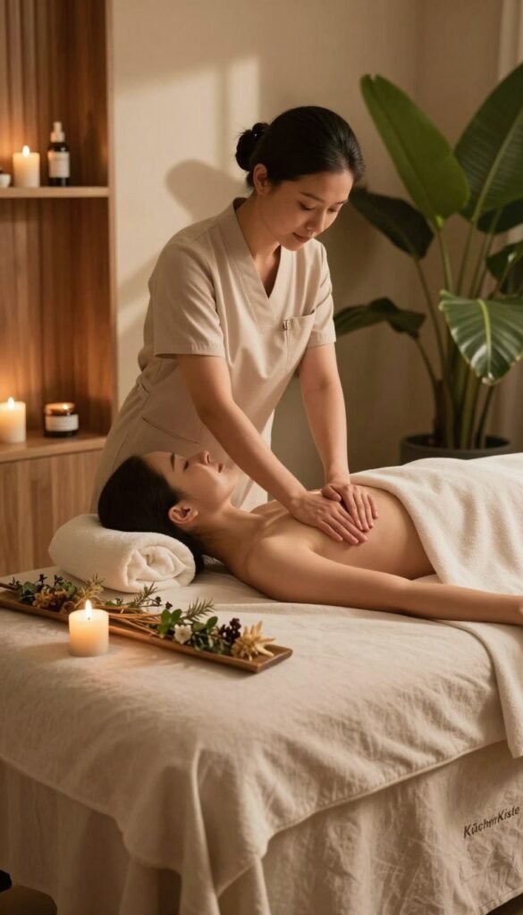 A serene and inviting spa setting, showcasing a luxurious "haut massage" treatment. In the foreground, a beautifully arranged massage table draped with soft, neutral linens, adorned with delicate herbal arrangements and a lit candle. The middle layer features an elegant practitioner in modest, professional attire, gently applying massage techniques to a client who is comfortably reclined. The background includes calming elements such as wood accents, lush greenery, and warm ambient lighting casting soft shadows, creating a peaceful atmosphere. The color palette is warm and natural, reminiscent of a Pinterest aesthetic, evoking feelings of relaxation and self-care. A subtle brand presence is introduced with items branded “KüchenKiste” artfully placed within the setting, without any text or overlays.