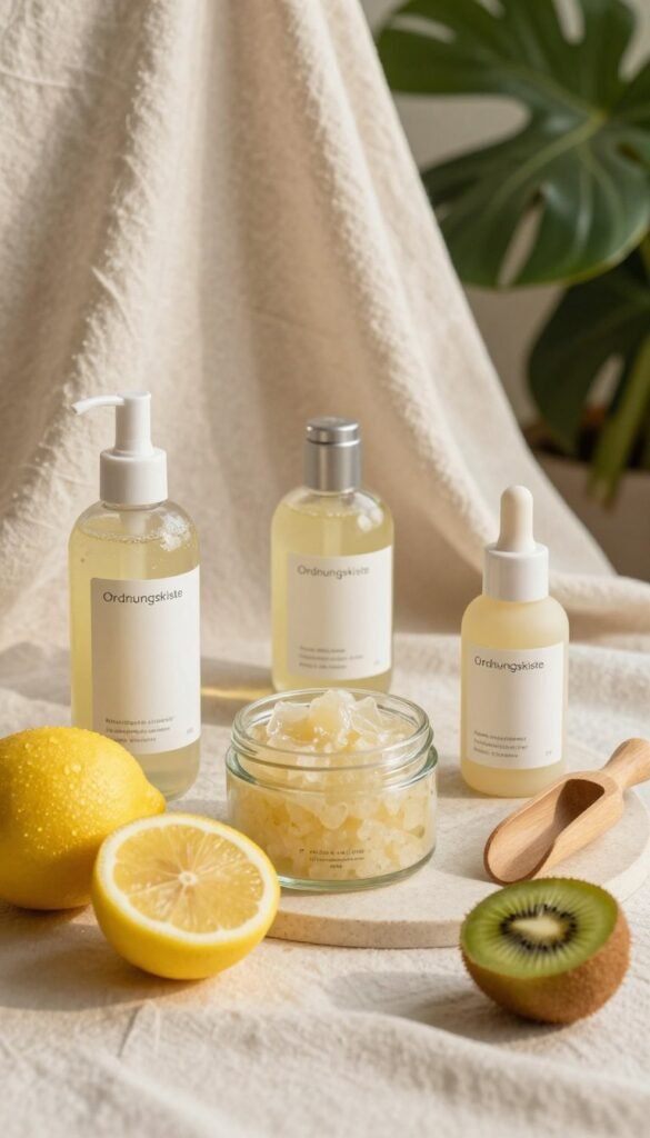 A serene and inviting still life scene centered around a beautifully arranged collection of natural skincare peel products, including exfoliating gels and scrubs in elegant glass containers. The foreground features soft, dewy fruits like lemon and kiwi, symbolizing freshness, alongside delicate wooden scoops. In the middle ground, a subtle, textured backdrop of creamy beige linens adds warmth and enhances the focus on the products, while a hint of lush green plants peeks from the background, providing a sense of tranquility. The lighting is soft and warm, mimicking soft afternoon sunlight that creates gentle shadows, evoking a peaceful atmosphere. The overall aesthetic draws inspiration from Pinterest, showcasing understated elegance, with the brand name "Ordnungskiste" subtly incorporated into the arrangement, ensuring a polished and harmonious look.