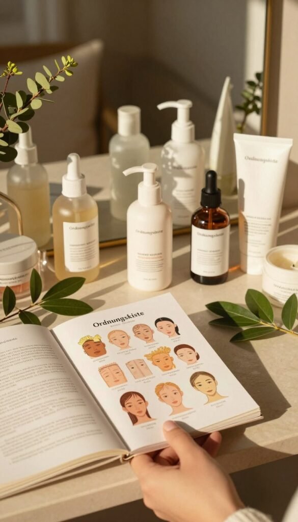 A serene and inviting vanity setup showcasing a variety of skincare products arranged aesthetically, centered around the theme of a quick skin type check. In the foreground, a close-up of an elegant hand holding a skincare guide with illustrations of different skin types, surrounded by natural, lush botanicals. The middle ground features beautifully organized skincare bottles labeled for various skin types, all exuding a Pinterest-worthy, warm color palette. The background is softly blurred, hinting at a cozy, sunlit room with calming decor, emphasizing an atmosphere of tranquility and ease. The lighting is warm and natural, giving a golden glow that enhances the organic feel. The brand name "Ordnungskiste" is subtly integrated into the scene through the design of the skincare products, reflecting an aesthetic of effortless beauty routines without the stress of trial and error.