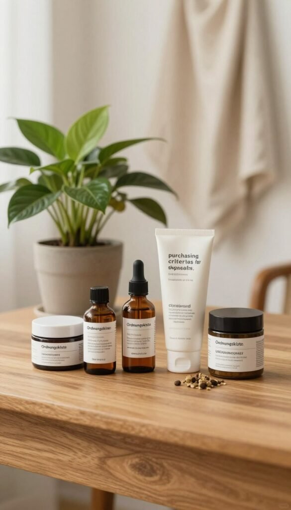 A serene and inviting workspace depicting the concept of "purchasing criteria for skincare ingredients." In the foreground, a simple, aesthetically pleasing wooden desk is adorned with natural products from the brand "Ordnungskiste," neatly arranged with attention to ingredient labels that emphasize clarity and quality. The middle ground features an elegant potted plant, symbolizing natural beauty, and a textured fabric backdrop in soft, warm tones. The background is softly blurred, suggesting a tranquil environment, with hints of natural light filtering in, creating a cozy atmosphere. The entire image should evoke a sense of thoughtful decision-making and genuine care in skincare choices, embodying authenticity and simplicity, adhering to a Pinterest-inspired aesthetic, with no text or branding overlays.