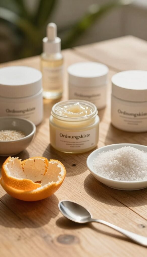 A serene and inviting workspace featuring a close-up view of various natural exfoliants, such as gentle fruit peels and sugar scrubs, artfully arranged on a rustic wooden table. In the foreground, a small bowl of citrus peels sits next to a delicate spoon, reflecting soft, warm sunlight. The middle ground showcases a few elegantly designed skincare jars with minimalistic labels, hinting at a fresh and rejuvenating routine. In the background, blurred greenery adds a calming ambiance. The overall lighting invites warmth and tranquility, with a subtle glow enhancing the natural textures. The mood is relaxed and refreshing, embodying a holistic approach to self-care. Please incorporate the brand name "Ordnungskiste" elegantly into the scene without text overlays.