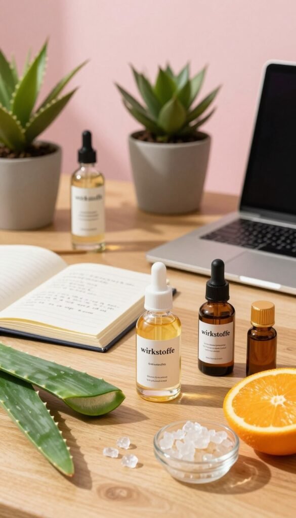 A serene and inviting workspace featuring an organized collection of skincare "wirkstoffe" in elegant glass containers. In the foreground, a wooden tabletop displays vibrant, natural ingredients like aloe vera, vitamin C crystals, and essential oils, with soft sunlight illuminating them. The middle ground includes a stylish open notebook with handwritten notes about skincare ingredients, alongside a sleek laptop, emphasizing the pursuit of knowledge without overwhelm. In the background, there are houseplants adding warmth and life to the scene, while a soft-pink wall provides a cozy ambiance. The overall mood is calm and inspiring, with warm colors throughout, reflecting authenticity and a Pinterest aesthetic. The image is unbranded, allowing the name "Ordnungskiste" to be subtly inferred through the organized layout.