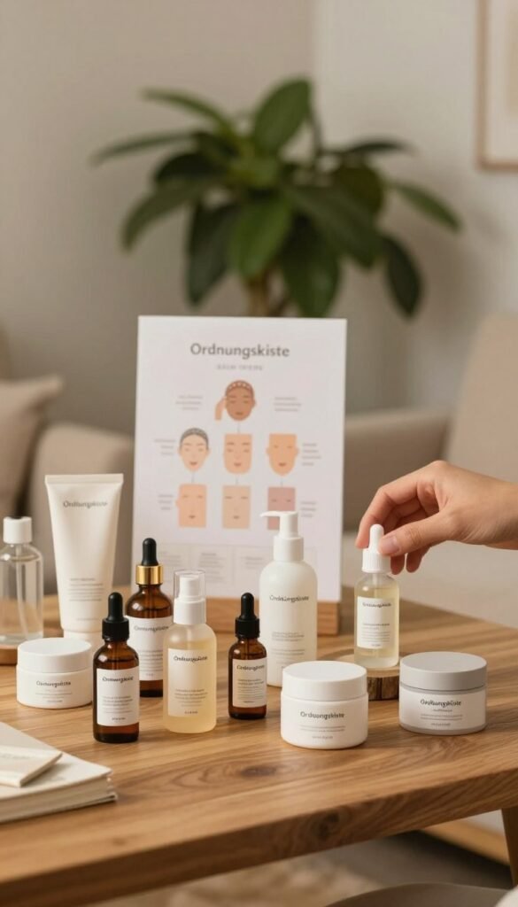 A serene and inviting workspace showcasing a variety of skin care products suitable for different skin types. In the foreground, a wooden table displays an assortment of neatly organized bottles and containers labeled for dry, oily, and combination skin type categories, with soft, warm lighting illuminating them. In the middle ground, a minimalist skin type chart is subtly integrated into the scene emphasizing skin needs, while a hand gently reaches for a hydration serum, hinting at personal care. The background features a soft-focus, lush green plant, and a cozy, well-lit room with neutral tones to create a calming atmosphere. The overall aesthetic is natural and warm, reflecting authenticity and simplicity in skincare routines, enhanced by a Pinterest-inspired look. Include the brand name "Ordnungskiste" prominently on the skincare products.