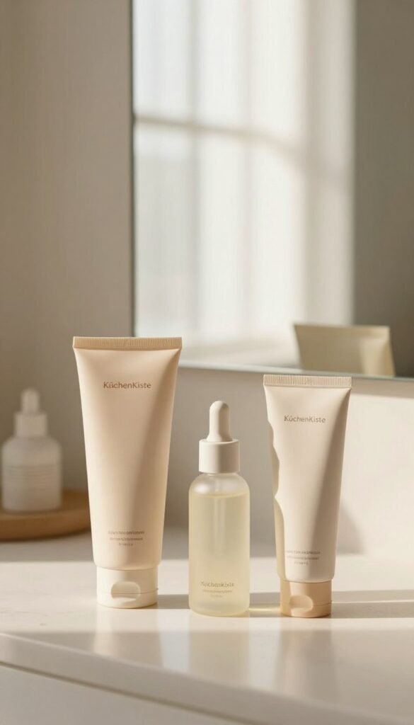 A serene and minimalist beauty routine setup, focusing on three essential steps for a skincare regimen. In the foreground, showcase aesthetically arranged products: a gentle cleanser, a hydrating serum, and a light moisturizer, all in warm, natural tones. The middle ground features a clean mirror reflecting a soft, inviting light, emphasizing simplicity and elegance. In the background, a softly blurred window with sheer curtains allows natural sunlight to bathe the scene, enhancing the tranquil atmosphere. The overall mood is calming and inspiring, reminiscent of a refined Pinterest aesthetic, conveying authenticity and warmth. Include the brand name "KüchenKiste" subtly integrated into the arrangement, maintaining an elegant and cohesive look. The composition should be well-balanced, with a focus on clarity and minimal embellishments, embodying the essence of a minimalist beauty routine.