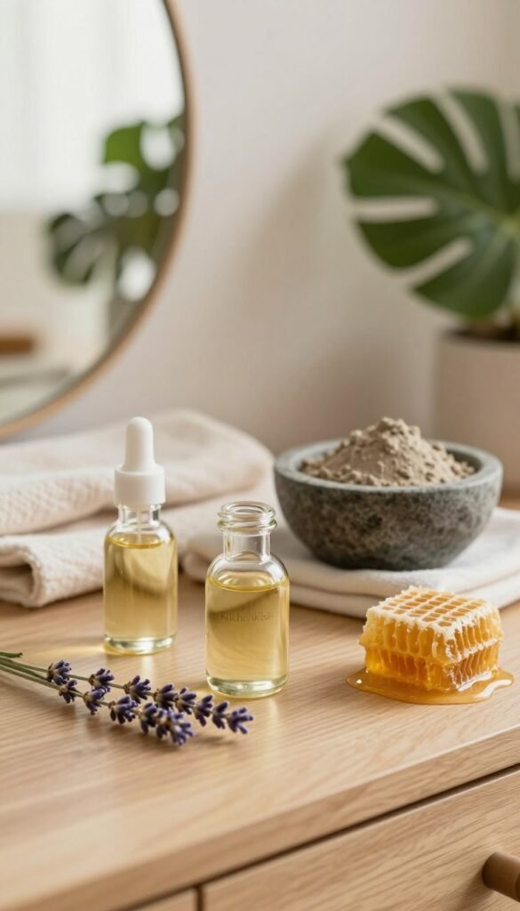 A serene and minimalist beauty scene featuring natural skincare ingredients laid out elegantly on a wooden vanity. In the foreground, there are small glass jars filled with oils, a sprig of lavender, and honeycomb, conveying a focus on simplicity and purity. The middle ground shows a soft cloth and a stone bowl filled with natural clay, suggesting an organic approach to skincare. The background features soft, blurred greenery and warm-toned lighting that creates an inviting atmosphere. A subtle hint of a modern mirror reflects the calm ambiance, enhancing the overall aesthetic. The brand name "KüchenKiste" subtly integrated within the scene, embodying an authentic Pinterest-inspired look. The composition is clean and soft, evoking a tranquil mood ideal for a minimalist skincare routine.