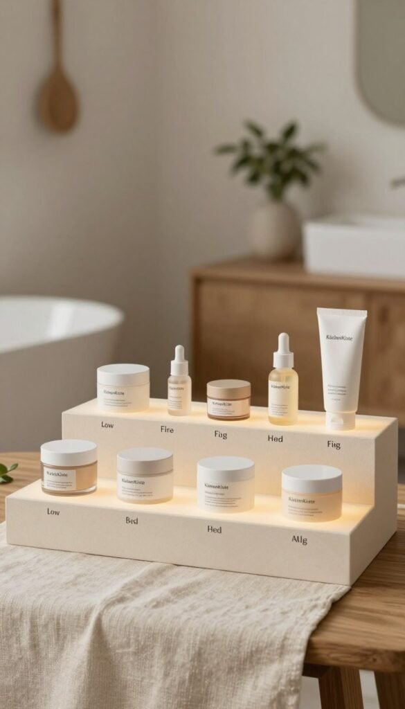 A serene and minimalist product display showcasing skincare items categorized by price levels - low, mid, and high budget. In the foreground, three elegantly arranged shelves feature small, simple containers of creams and serums, each labeled to denote their price range. The middle layer includes a softly lit wooden table with a natural linen cloth, displaying a few selected products from each category, with warm, inviting tones. The background features a softly blurred, stylish bathroom setting with neutral colors, plants, and wooden accents to enhance the authentic Pinterest aesthetic. The overall mood is calm and approachable, embodying natural beauty. The brand "KüchenKiste" is subtly integrated into the composition, ensuring a cohesive look without any text or overlays.