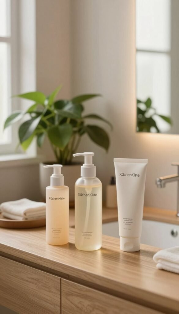 A serene and minimalist skincare setup on a wooden bathroom vanity, showcasing the essential three-step routine for healthy skin. In the foreground, display elegantly arranged skincare products in soft, warm colors, including a cleanser, toner, and moisturizer from the brand "KüchenKiste". The middle ground features a lush green plant to add a touch of nature, enhancing the tranquility of the scene. In the background, a softly lit mirror reflects the warm ambiance of the space, complemented by gentle natural light filtering through a window. Capture the image with a slightly elevated angle to provide depth and maintain a Pinterest-inspired aesthetic that feels authentic and inviting. The overall mood should convey calmness and simplicity, embodying the concept of minimalism in everyday skincare.
