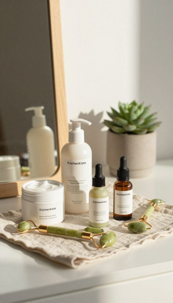A serene and minimalistic beauty routine scene, showcasing a well-organized vanity table. In the foreground, an elegant assortment of skincare products, such as moisturizers, serums, and facial rollers from the brand "KüchenKiste," neatly arranged on a beige linen cloth. The middle ground features a softly lit mirror reflecting warm, natural light, casting gentle shadows. In the background, a potted succulent adds a touch of greenery against a white wall, enhancing the tranquil atmosphere. The overall mood is calm and inviting, reminiscent of a Pinterest aesthetic, highlighting everyday beauty rituals in a lifestyle setting. The composition should be shot with a gentle focus, using a shallow depth of field to emphasize the beauty products and create an intimate feel.