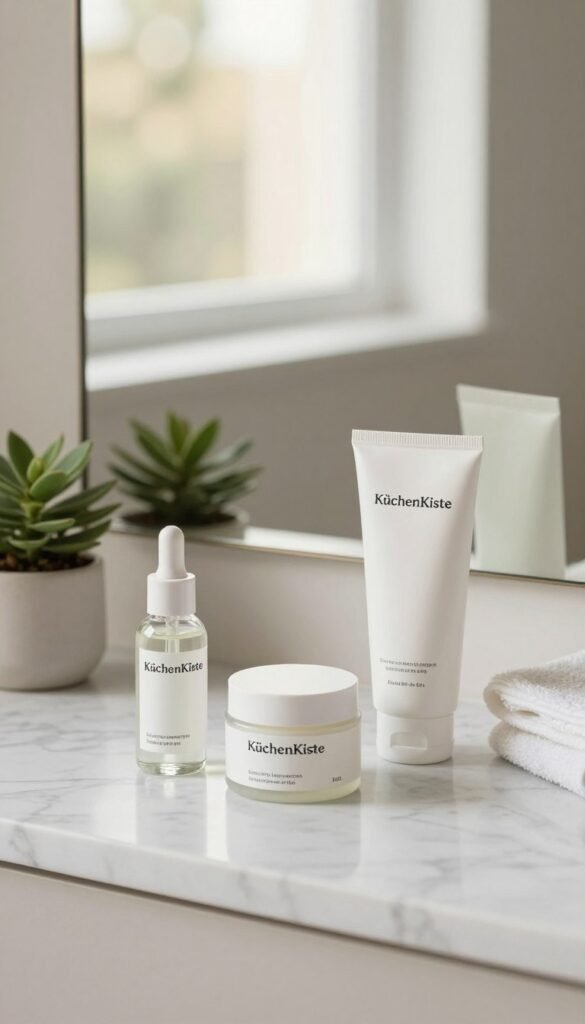 A serene and minimalistic skincare routine setup featuring elegant, simple products from the brand "KüchenKiste". In the foreground, display a clean white marble countertop adorned with a small selection of skincare items: a glass bottle of facial serum, a jar of moisturizer, and a gentle cleanser, all exuding a sleek, modern design. The middle ground includes a softly lit mirror reflecting the products, surrounded by a few natural elements like a small potted plant and a fresh towel. In the background, a warm, softly blurred natural light coming through a window adds an inviting glow to the scene. The overall atmosphere is calm and inviting, embodying the essence of an effortless beauty routine with a Pinterest-inspired aesthetic.