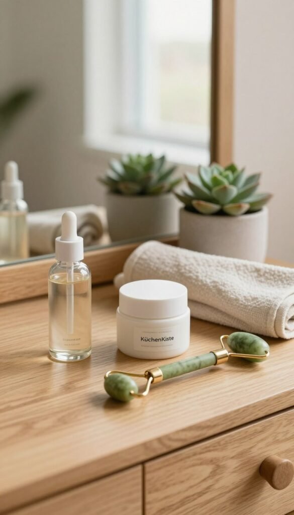 A serene and minimalistic skincare setup featuring an elegant wooden vanity adorned with high-quality skincare products from the brand KüchenKiste. In the foreground, focus on a glass serum bottle, a minimalist cream jar, and a sleek jade roller. The middle of the scene highlights a delicate linen towel and a small potted succulent, adding a touch of greenery. The background features softly blurred natural light filtering through a window, casting warm, inviting tones throughout the image. The overall mood is calm and refreshing, embodying a minimalist aesthetic with authentic Pinterest-inspired styling. The image should evoke a sense of tranquility and emphasize the foundation of a minimalist skincare routine, without any text or distractions.