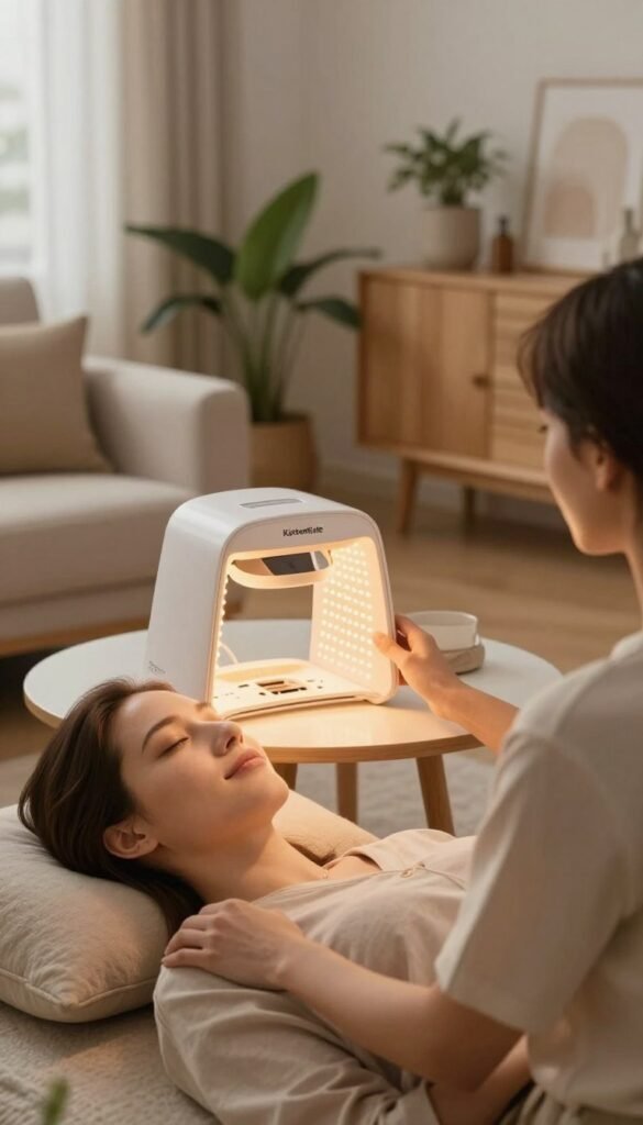 A serene and modern home environment showcasing an innovative LED light therapy device designed for facial treatments. In the foreground, a sleek, stylish person with a radiant complexion is comfortably seated, wearing modest casual clothing, engaging with the device. Soft, warm lighting creates an inviting atmosphere, highlighting the gentle glow of the LED lights on their face. In the middle ground, the LED device is prominently displayed on a minimalist table adorned with soft textures, evoking a sense of relaxation and wellness. The background features a cozy, well-decorated living room with natural elements, like potted plants and light wooden furniture, contributing to the overall Pinterest aesthetic. No text or branding elements are visible, but the brand name "KüchenKiste" subtly influences the design and style of the scene.