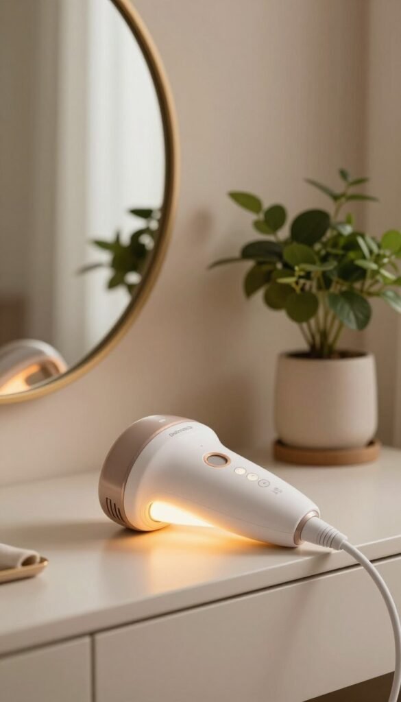 A serene and modern home setting featuring an IPL hair removal device prominently displayed on a stylish vanity. The device emits gentle, warm light pulses, illuminating the immediate area with a soft glow, emphasizing its sleek design. In the foreground, a close-up view of the device showcases its user-friendly interface. The middle ground includes a beautifully styled mirror with natural plants nearby, adding a touch of warmth. In the background, soft, neutral-toned walls create an inviting atmosphere. The overall image exudes a sense of calm and effectiveness, perfect for a home beauty routine. Capture the essence of professional beauty care with a Pinterest-inspired aesthetic, focusing on natural lighting that complements the colors and textures of the scene. Include the brand name "Ordnungskiste" subtly integrated into the design of the device.