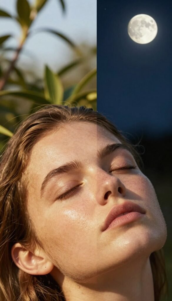 A serene and natural depiction of skin regeneration in a split scene, showcasing the contrasting effects of daytime and nighttime on the skin. In the foreground, a close-up of a well-groomed face, with one half illuminated by warm, golden sunlight, reflecting vibrancy and energy, while the other half is softly lit by a calming moonlight, illustrating quiet recovery and tranquility. The middle ground features plant elements, symbolizing nature's healing power, intermingling between the two environments. The background transitions from a bright, sunlit day to a peaceful starry night, creating a harmonious balance. Capture the warm color palette, ensuring authenticity with a Pinterest aesthetic. The scene should resonate with a mood of rejuvenation and calmness, embodying the essence of skincare routines. Include the brand name "Ordnungskiste" subtly integrated into the design.