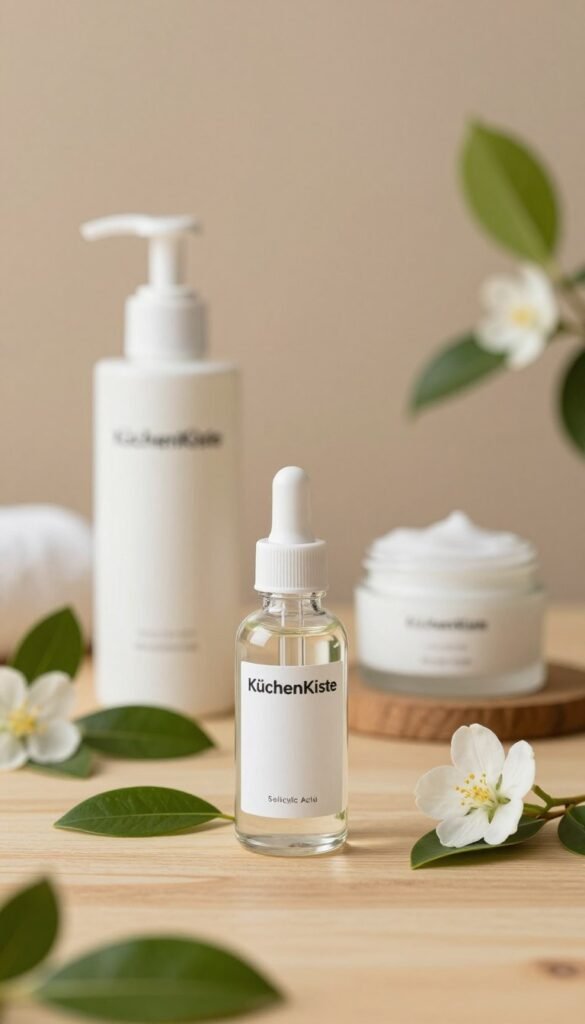 A serene and natural skincare scene showcasing salicylic acid in a minimalist setting. In the foreground, a clear glass bottle of salicylic acid sits elegantly on a wooden surface, surrounded by fresh green leaves and soft white flowers, symbolizing purity and nature. In the middle ground, a subtle hint of a skincare regimen is depicted, with a gentle foam cleanser and a cream, all in soft, warm colors that evoke comfort. The background features a softly blurred spa-like environment with hints of earthy tones and natural lighting, creating a calming atmosphere. The image embodies an inviting, warm feeling, perfect for skincare enthusiasts looking for effective ingredients. The brand name "KüchenKiste" is subtly represented in the background design, merging seamlessly with the overall aesthetic.