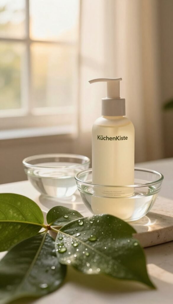 A serene and naturalistic scene showcasing the concept of "moisture" for healthy skin. In the foreground, gently glistening water droplets rest on lush green leaves, highlighting the beauty of hydration. In the middle ground, a soft, inviting skincare product from "KüchenKiste" is elegantly placed next to a small, clear glass bowl filled with water, symbolizing nourishment and moisture. The background features a softly blurred, sunlit window with sheer curtains, allowing warm, golden light to filter through, creating a cozy and comforting atmosphere. The overall mood should evoke freshness and rejuvenation, making it feel inviting and effective in promoting skin health. No text or logos are to appear in the image.