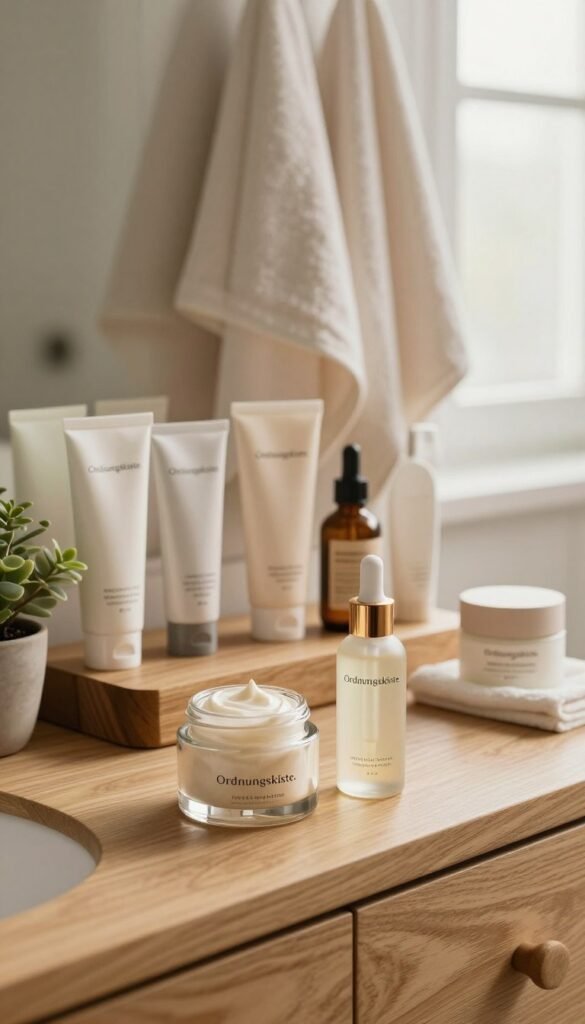 A serene and organized bathroom scene featuring a beautiful wooden vanity adorned with an array of skincare products, showcasing the brand "Ordnungskiste." In the foreground, an elegant glass jar with a textured cream and a stylish dropper bottle are highlighted, positioned next to a small potted plant for a touch of nature. The middle of the scene displays neatly arranged tubes and bottles of serums and moisturizers, exuding a warm, inviting ambiance. The background features soft natural light flowing through a frosted window, creating a cozy atmosphere, while plush towels hang neatly on a rack. Capture a Pinterest-worthy aesthetic with warm tones and a minimalist design, emphasizing authenticity and the concept of a curated skincare routine without any text or distractions.