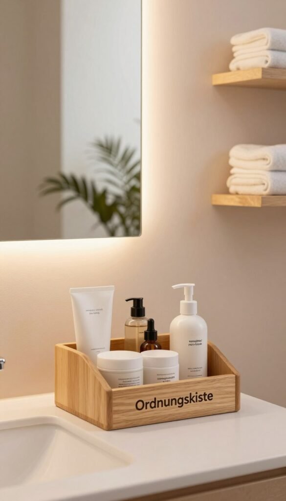 A serene and organized bathroom scene featuring a modern vanity. In the foreground, an elegant wooden organizer labeled "Ordnungskiste" holds skincare products in harmonious, minimalistic arrangements. The middle ground showcases a softly lit mirror reflecting a plant for a touch of nature. Warm, ambient light bathes the room, creating a cozy atmosphere, with gentle shadows enhancing the depth. The background reveals soft pastel walls and neatly stacked towels on open shelves, contributing to the overall feeling of calm and order. A subtle focus on decluttering and simplicity communicates the essence of "weniger Schritte, mehr Wirkung." The composition is inviting yet refined, ideal for a lifestyle article. A serene and organized bathroom scene featuring a modern vanity. In the foreground, an elegant wooden organizer labeled "Ordnungskiste" holds skincare products in harmonious, minimalistic arrangements. The middle ground showcases a softly lit mirror reflecting a plant for a touch of nature. Warm, ambient light bathes the room, creating a cozy atmosphere, with gentle shadows enhancing the depth. The background reveals soft pastel walls and neatly stacked towels on open shelves, contributing to the overall feeling of calm and order. A subtle focus on decluttering and simplicity communicates the essence of "weniger Schritte, mehr Wirkung." The composition is inviting yet refined, ideal for a lifestyle article.