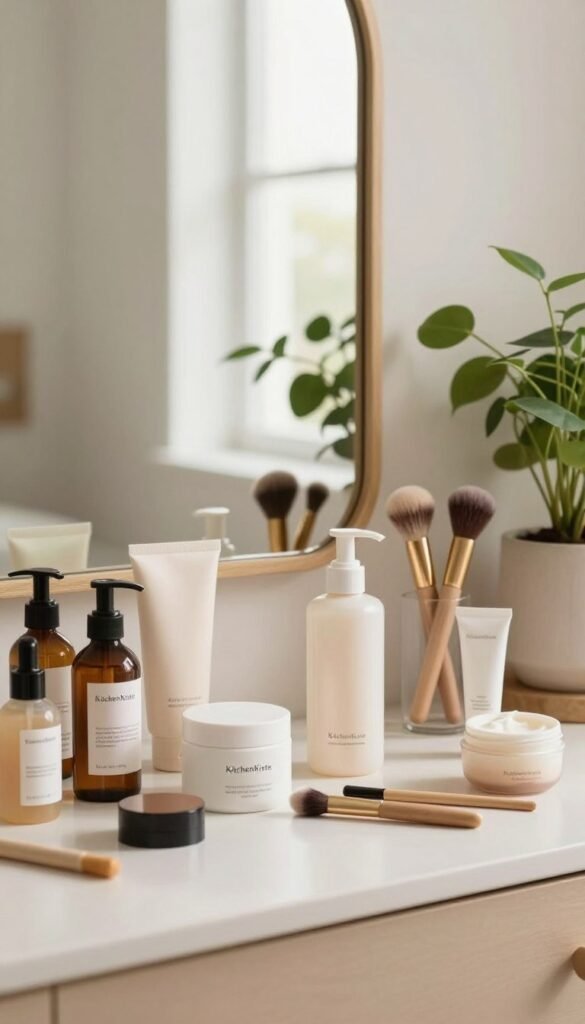 A serene and organized bathroom scene reflecting a beauty routine. In the foreground, a neatly arranged vanity table features elegant beauty products like creams and brushes, showcased in warm, natural colors with soft lighting. The middle ground includes a stylish mirror reflecting the beauty essentials, framed by inviting indoor plants that add freshness. In the background, a well-lit window allows natural light to flood in, enhancing the calm atmosphere. The overall mood is one of tranquility amidst daily chaos, emphasizing simplicity and elegance in beauty routines. The brand name "KüchenKiste" subtly integrated into the decor, blending harmoniously without being prominent. The composition invites the viewer into a world of organized beauty and peaceful indulgence.