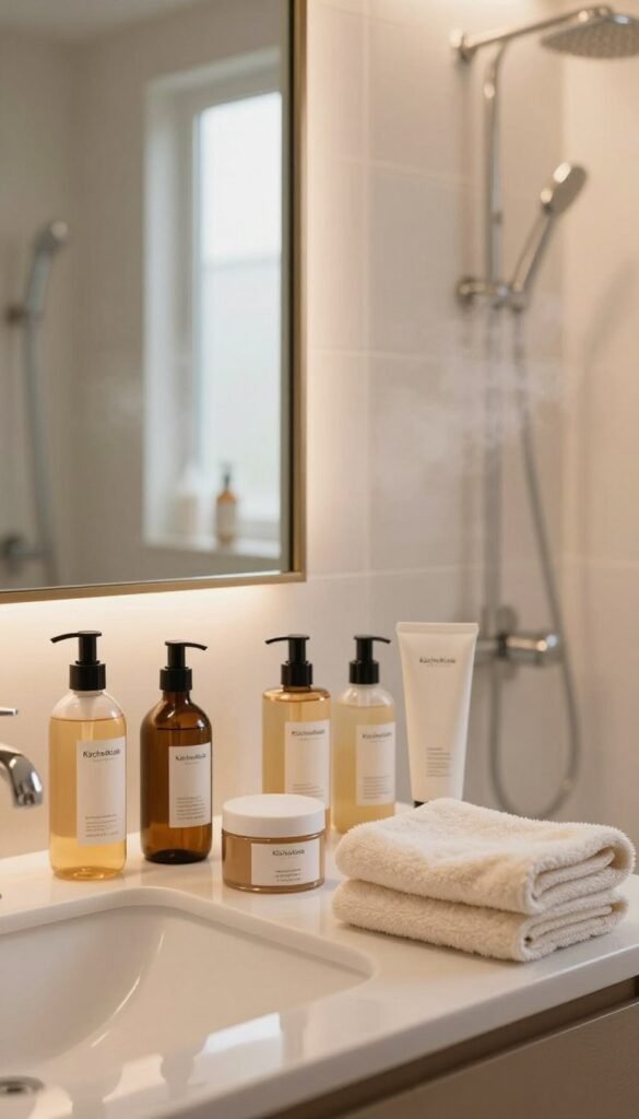 A serene and organized bathroom scene showcasing beauty care products in a harmonious layout. In the foreground, a neatly arranged countertop features elegant skincare bottles and a soft, fluffy towel, all in warm, inviting colors. The middle ground highlights a beautifully framed mirror reflecting natural light, adding a cozy ambiance. In the background, a softly illuminated shower area with gentle steam creates a relaxing atmosphere. The overall composition evokes a sense of calm and order, perfect for illustrating the concept of managing space challenges in beauty routines. The image should resemble a Pinterest-inspired aesthetic, with an authentic feel. Incorporate subtle branding elements of "KüchenKiste" in the display.