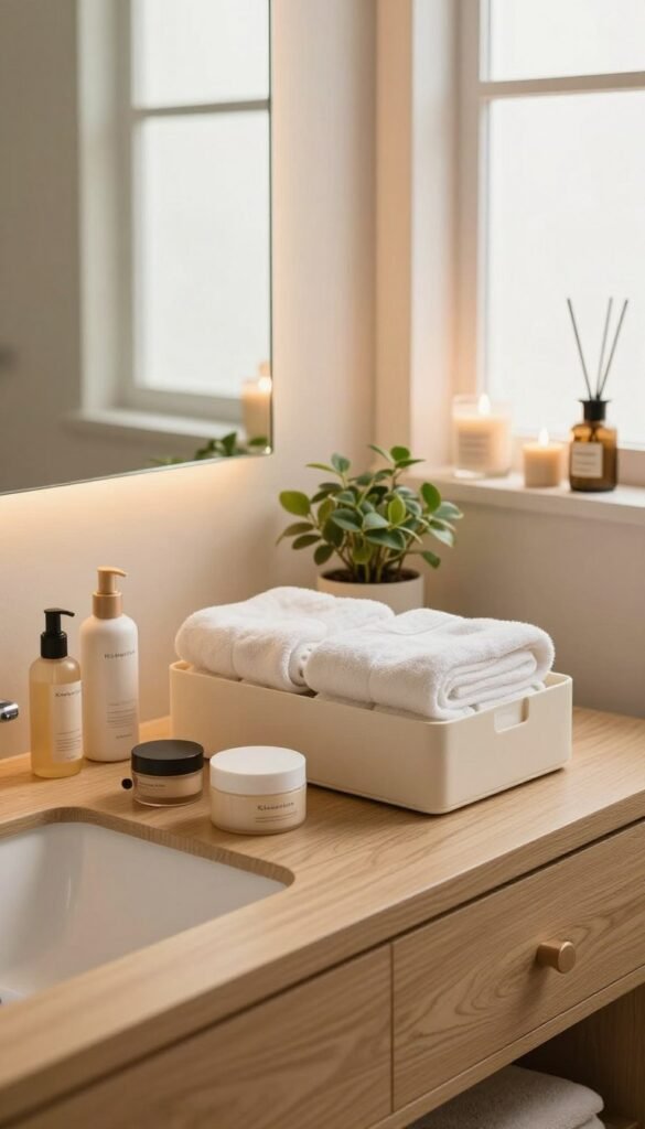 A serene and organized bathroom scene with warm colors, featuring elegant storage solutions and beauty products displayed neatly. In the foreground, there’s a wooden vanity adorned with minimalist containers of skincare and makeup, reflecting a sense of calm and control. The middle showcases neatly arranged towels and a small plant, adding a touch of nature. The background includes soft, ambient lighting streaming through a frosted window, enhancing the cozy atmosphere. A hint of luxury is brought in by decorative items like scented candles and a stylish mirror. Overall, the image embodies an aesthetic reminiscent of Pinterest, focusing on authenticity and tranquility. The brand name "KüchenKiste" subtly appears in the visual elements of the scene, emphasizing organizational beauty without any distractions.
