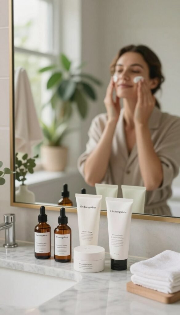 A serene and organized bathroom setting, highlighting a skincare routine in progress. In the foreground, a neatly arranged selection of skincare products from the brand "Ordnungskiste," including serums, moisturizers, and cleansers, all elegantly displayed on a marble countertop. In the middle ground, a person in professional business attire, gently applying a cream to their face, radiating confidence and self-care. Soft, natural lighting floods the room, creating a warm and inviting atmosphere. In the background, a large mirror reflects lush greenery and soft towels, adding a touch of tranquility. The overall aesthetic is natural and Pinterest-worthy, embodying an authentic daily routine without any text or distractions.
