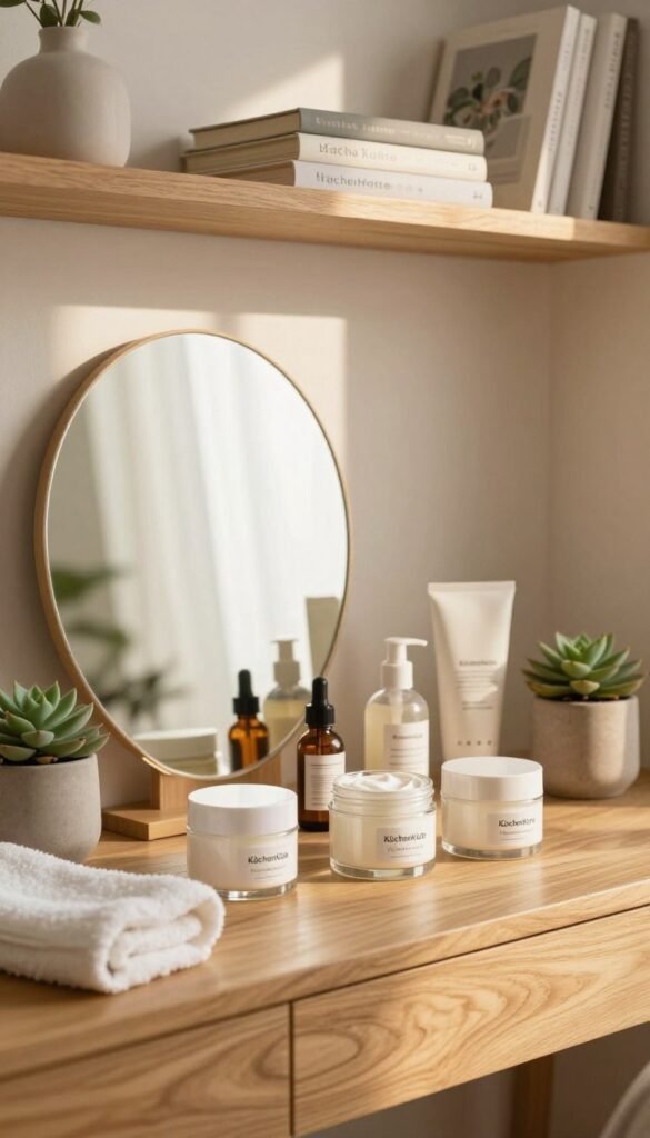 A serene and organized beauty care space featuring a variety of skincare tools and products neatly arranged on a natural wooden vanity. In the foreground, there are elegant glass jars filled with creams, a soft cotton towel, and a potted succulent adding a touch of greenery. The middle section highlights a stylish mirror reflecting natural light, creating a warm glow. The background showcases a tastefully decorated shelf filled with neatly stacked beauty books and minimalist decor items, enhancing the atmosphere of calm and relaxation. The lighting is soft and warm, reminiscent of a cozy afternoon, perfect for at-home beauty rituals. The overall mood is authentic, inviting, and aesthetically pleasing, embodying a Pinterest-worthy style. The brand name "KüchenKiste" is subtly integrated into the decor without being overtly prominent.