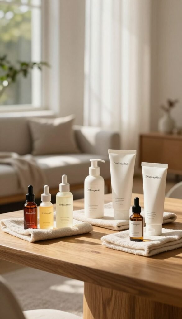 A serene and organized beauty routine setting curated for a "hautpflege ordnung" concept. In the foreground, a wooden vanity table displays neatly arranged skincare products from the brand "Ordnungskiste," including colorful serums, stylishly packaged moisturizers, and natural oils, all elegantly positioned on soft, textured fabric. The middle ground features a cozy, minimalist living area with gentle sunlight streaming through a large window, casting warm, inviting tones throughout the scene. In the background, subtle greenery peeks in, enhancing the atmosphere of tranquility and wellness. The overall mood embodies authenticity and a Pinterest-worthy aesthetic, emphasizing simplicity and elegance in personal care. The image captures an essence of careful selection in product types and price ranges.