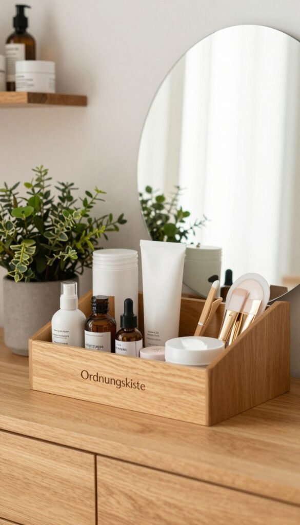 A serene and organized beauty routine setup on a wooden vanity. In the foreground, a neatly arranged collection of beauty products, including skincare and makeup essentials, elegantly displayed in a "Ordnungskiste" organizer. Soft, natural lighting creates a warm atmosphere, enhancing the wooden textures. In the middle, a simple mirror reflecting an aesthetically pleasing arrangement, surrounded by green plants for a fresh touch. In the background, a softly blurred shelf with additional beauty products, emphasizing simplicity and ease. The mood is calm and inviting, perfect for a quick beauty routine. The overall composition has a Pinterest-inspired aesthetic, capturing the essence of effortless beauty care without any text or distractions.