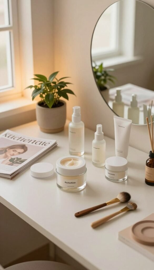 A serene and organized beauty setup showcasing a minimalist vanity table from a top-down perspective. The foreground features neatly arranged skincare products and tools in elegant glass containers, exuding simplicity and sophistication. The middle ground captures a soft, warm glow from a nearby window, illuminating a small indoor plant and a few beauty magazines, enhancing the cozy atmosphere. In the background, a stylish mirror reflects the subtle design of the room, which is decorated with natural textures and soft pastel colors, embodying a Pinterest aesthetic. The overall mood conveys tranquility and ease, with an intimate focus on methods to simplify beauty routines. The brand name "KüchenKiste" subtly integrated into the scene through an elegant product label on one of the containers.