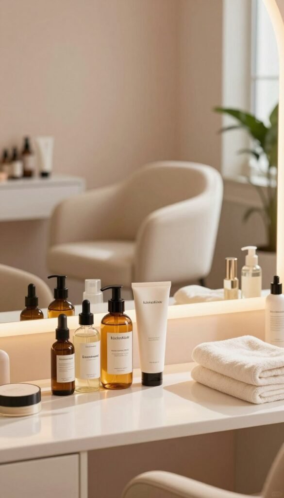 A serene and organized beauty space inspired by "haut pflege," showcasing a polished vanity adorned with a variety of beauty products. In the foreground, a neatly arranged selection of natural skincare items, elegant glass bottles, and soft towels create an inviting atmosphere. The middle layer features a comfortable, well-lit chair with warm lighting highlighting the details of the products. In the background, soft pastel-toned walls and a hint of greenery from nearby plants create a calming environment, reminiscent of a Pinterest-inspired aesthetic. The scene is bathed in warm, natural light, casting gentle shadows that enhance the tranquility of the setting. The overall mood reflects stress-free beauty routines, emphasizing authenticity and cleanliness, while subtly incorporating the brand name "KüchenKiste" in an elegant, understated fashion.