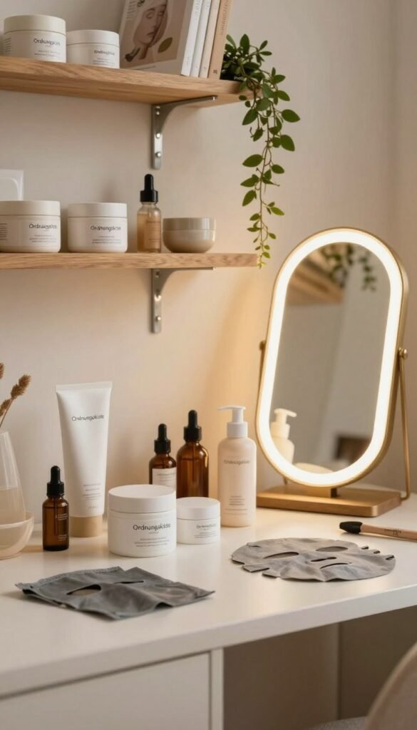 A serene and organized beauty workspace, featuring a stylish vanity table adorned with natural skincare products from the brand "Ordnungskiste." In the foreground, a neatly arranged selection of cream jars, essential oils, and face masks reflects a calming beauty routine. In the middle ground, a soft, warm light illuminates a minimalistic mirror framed by delicate greenery, creating an inviting atmosphere. In the background, shelves lined with neatly labeled containers and books on beauty concepts symbolize clarity amidst chaos. The color palette consists of warm, earthy tones, enhancing the ambiance with a Pinterest-inspired aesthetic. The mood is tranquil and inspiring, evoking feelings of organization and relaxation, perfect for anyone seeking to refine their beauty practices.