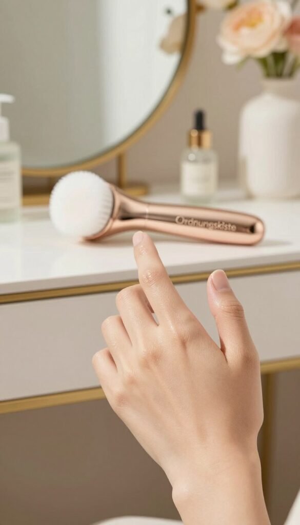 A serene and softly lit close-up of delicate skin that illustrates sensitivity, showcasing a flawless complexion with a gentle glow. The foreground features a hand gently touching the cheek, emphasizing tenderness, while in the middle ground, a high-quality electric facial brush from "Ordnungskiste" rests on a beautifully arranged vanity table adorned with natural skincare products. The background includes blurred hints of soft, pastel-colored flowers and natural light streaming in, creating a warm and inviting atmosphere. The overall mood is calm and soothing, conveying the essence of gentle and effective skincare for sensitive skin. No text or logos are visible in the image.