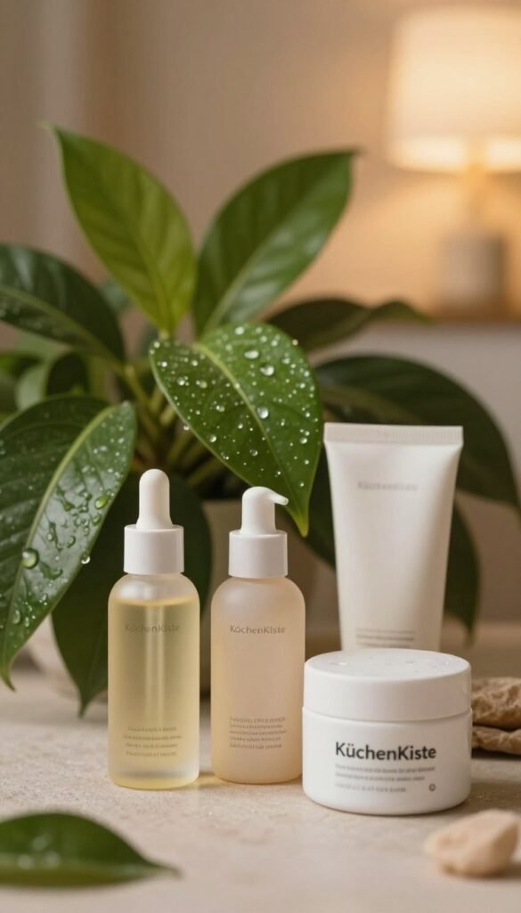A serene and soothing composition focusing on the theme of moisture and skin hydration. In the foreground, display a series of elegant skincare products with minimalist packaging, including a hydrating serum and a cream, positioned on a soft, textured surface. In the middle, visualize lush green plants and fresh water droplets delicately clinging to their leaves, evoking a sense of freshness and natural essence. The background should feature soft, warm lighting to create a cozy atmosphere, with a blurred view of a peaceful spa-like setting. The overall mood should be calming and inviting, emphasizing the importance of moisture and barrier protection for healthy skin. The image should reflect a "KüchenKiste" aesthetic, capturing the essence of warmth and authenticity without any text or branding overlays.