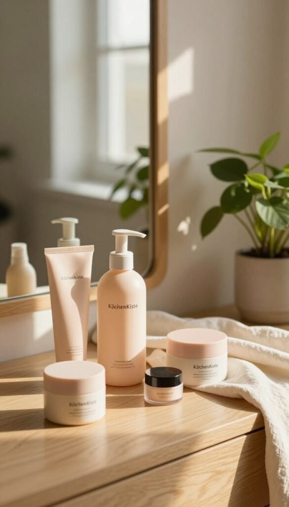 A serene and soothing skincare scene featuring a neatly arranged array of beauty products from the brand "KüchenKiste." In the foreground, soft, pastel-colored skincare vessels and makeup containers are artfully displayed on a light wooden vanity. The middle ground showcases gentle, flowing fabrics that evoke a calming atmosphere, while a potted plant adds a touch of nature and freshness. In the background, warm, natural light streams through a window, creating soft shadows and reflections, enhancing the inviting warmth of the space. The overall mood is tranquil and reflective, capturing the stress-relieving potential of skincare amidst a backdrop of an uncluttered, harmonious environment. Ensure a Pinterest-inspired aesthetic with natural elements and warm colors.