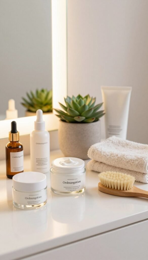 A serene and tidy beauty care setup for a daily skincare routine, featuring an organized vanity table adorned with skincare products from the brand "Ordnungskiste." In the foreground, beautifully arranged glass containers with creams, serums, and essential oils reflect soft, natural light. In the middle, a potted succulent adds a touch of greenery, while a neatly folded towel rests beside a gentle, natural bristle brush. The background showcases a softly lit mirror that enhances the warmth of the scene, with pastel hues harmonizing to create an inviting atmosphere. The overall mood is calm and refreshing, evoking the essence of a simple yet effective beauty routine that feels both authentic and inspiring, captured with a soft focus lens to emphasize the warmth and tranquility of the setting.