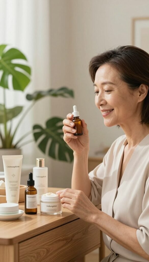 A serene and uplifting image illustrating the concept of "anti-aging" and skin health. In the foreground, a middle-aged woman with radiant, healthy skin, dressed in a professional light-colored blouse, smiles softly while applying a skincare product. In the middle ground, an array of natural skincare products, such as serums and creams, are artistically arranged on a wooden vanity. The background features a bright, softly lit spa-like atmosphere with lush indoor plants and warm, inviting colors that evoke a sense of tranquility. The lighting is bright and natural, enhancing the warmth and the authenticity of the scene. This image embodies the theme of holistic skincare and promoting a youthful appearance. The brand name "Ordnungskiste" subtly integrated into the product design.