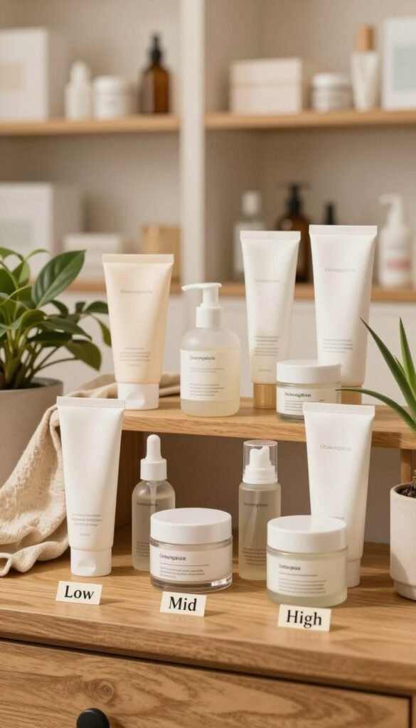A serene and visually appealing image showcasing a selection of skincare products categorized by budget: low, mid, and high. In the foreground, neatly arranged skincare items in elegant packaging, with labels indicating "Low", "Mid", and "High" price points, emphasizing variety and accessibility. The middle layer features a wooden vanity table adorned with organic elements like plants and natural fabrics, enhancing a warm, inviting atmosphere. The background includes soft, blurred shelves filled with more products, creating depth without overwhelming the viewer. Use warm lighting to evoke a cozy feel, and apply a soft focus lens effect for a dreamy Pinterest-inspired aesthetic. Include the brand name "Ordnungskiste" subtly within the scene, enhancing the authenticity without text overlays or distractions.