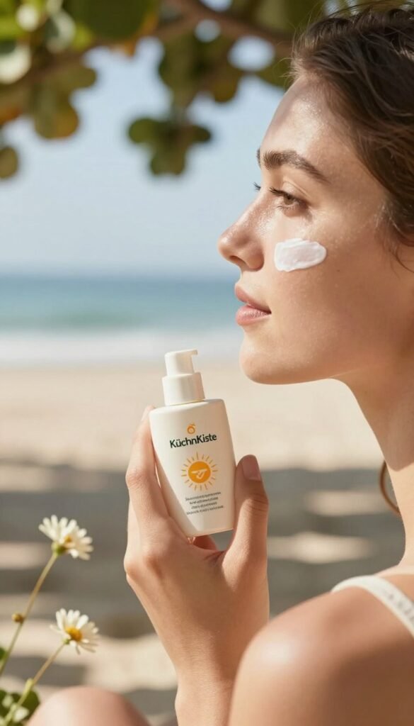 A serene and warm-toned image depicting a close-up of a woman's hand applying sunscreen to her face, showcasing gentle protection for sensitive skin. The foreground features a delicate bottle of "KüchenKiste" sunscreen, designed elegantly and surrounded by natural elements like small flowers and leaves to evoke a sense of calm and care. In the middle ground, soft sunlight filters through the trees, casting dappled light that highlights the woman's smooth complexion, emphasizing relaxation and wellness. The background is a blurred beach scene, symbolizing safe sun exposure without harsh elements. The overall mood is peaceful and nurturing, reflecting the importance of UV protection for sensitive skin while maintaining an authentic, Pinterest-inspired aesthetic.