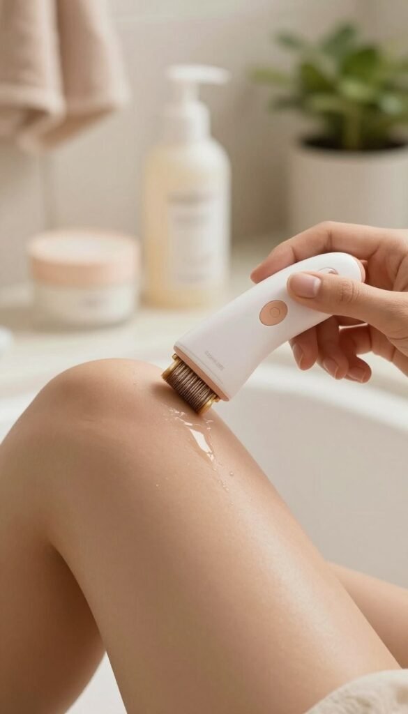 A serene and warm-toned image illustrating the results of using the Ordnungskiste facial epilator after two weeks of consistent use. In the foreground, a close-up of a person's smooth, radiant skin, showcasing the effectiveness of gentle hair removal, with a soft glow highlighting the texture. In the middle ground, subtle hints of skin care products like soothing lotions or creams that complement epilation, arranged neatly in a cozy bathroom setting. In the background, softly blurred elements like a warm-toned towel and a potted plant add to the calming ambiance. The lighting is soft and natural, evoking a peaceful, inviting atmosphere, reminiscent of a Pinterest aesthetic, emphasizing authenticity and warmth without any text or distractions.