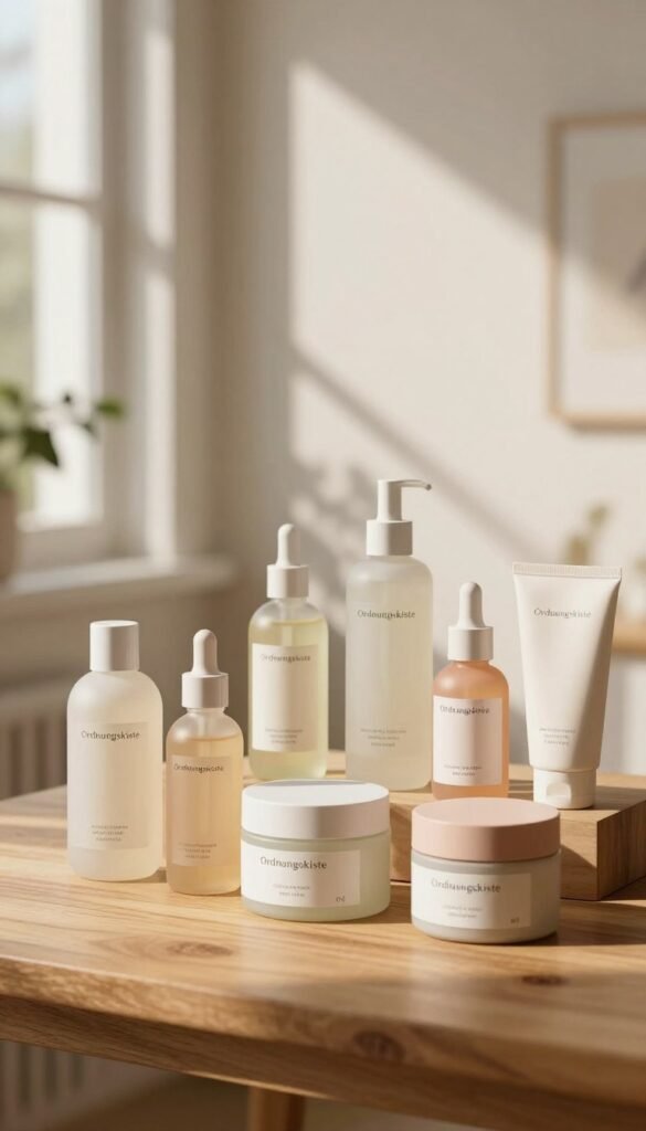 A serene and welcoming scene depicting a beautifully arranged skincare display by the brand "Ordnungskiste". In the foreground, an assortment of natural skincare products is artfully placed on a wooden table, including bottles and jars with elegant designs featuring soft pastel colors. The middle ground features a gentle, diffused light cascading in from a nearby window, casting warm, inviting shadows. In the background, softly blurred plants and subtle textures create a calming atmosphere that reflects a sense of tranquility and care for sensitive skin. The overall mood is harmonious and soothing, embodying a Pinterest-worthy aesthetic that conveys informed, mindful purchasing decisions for skincare. No text or watermarks are present in the image.
