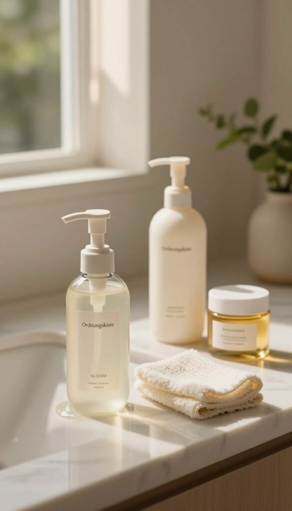 A serene bathroom counter scene showcasing various cleansing products suitable for a skincare routine. Foreground: an elegant glass bottle of gel cleanser featuring a minimalist design and a label reading "Ordnungskiste," alongside a delicate, textured cloth. Middle: a foaming cleanser in a sleek pump bottle, a bottle of creamy cleansing milk, and a small jar of natural cleansing oil, all harmoniously arranged. Background: soft, warm lighting filtering through a window, casting gentle shadows on a light marble surface. Soft green plants add a touch of nature, enhancing the calming atmosphere. The overall mood is inviting and luxurious, embodying a stress-free cleansing experience to reflect the effectiveness and elegance of skin cleansing choices.