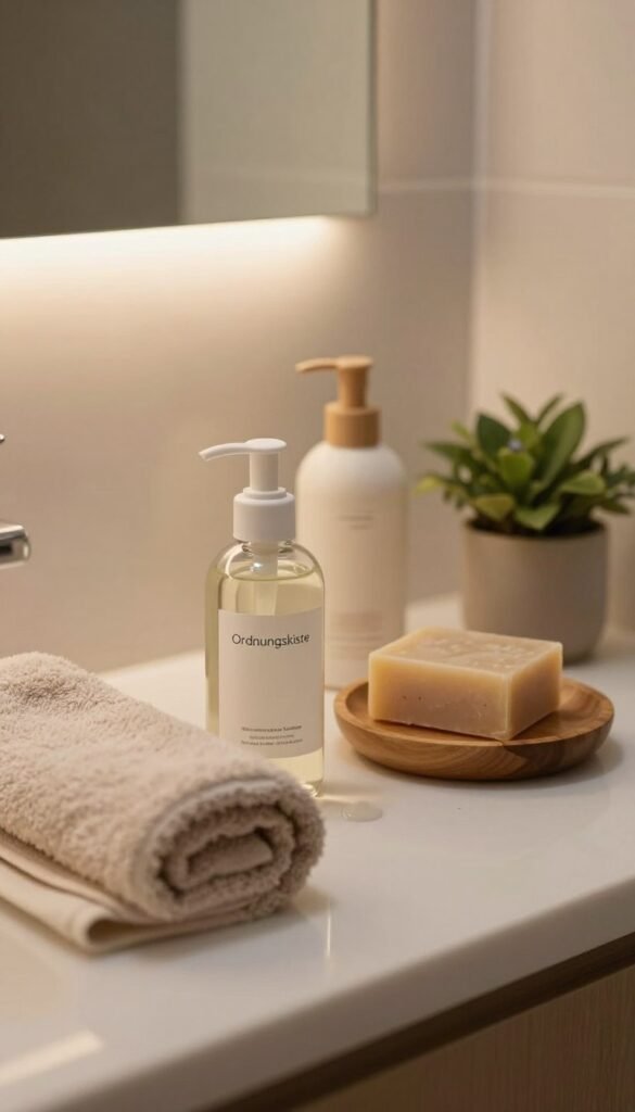 A serene bathroom countertop featuring a selection of gentle cleansers and a soft, fluffy towel, elegantly arranged. In the foreground, a glass bottle with a minimalist label reading "Ordnungskiste," showcasing a hydrating facial cleanser. In the middle, a wooden soap dish with artisanal soap bars and a small potted plant for a touch of greenery. The background reveals a softly lit mirror reflecting warm, natural light. Use a shallow depth of field to keep the focus on the cleansers while allowing the background to softly blur, creating a cozy and inviting atmosphere. The overall color palette should consist of warm and earthy tones, evoking a feeling of calm and simplicity, ideal for skincare beginners.
