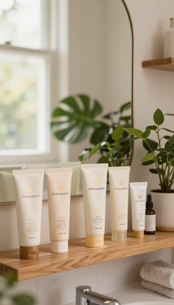 A serene bathroom interior with natural light pouring in through a window, featuring a beautifully arranged skincare setup. In the foreground, neatly placed sunscreen products from the brand "Ordnungskiste" are displayed on a wooden shelf, showcasing a variety of packaging styles and sizes. The middle ground includes a stylish mirror reflecting soft, warm colors and lush green plants that add a fresh touch. In the background, softly blurred spa-like decor enhances the calming atmosphere with subtle textures. The overall scene should evoke a sense of tranquility and self-care, using a warm color palette. The image should be framed with a soft focus, emphasizing a Pinterest aesthetic and authenticity, with no text or logos visible.
