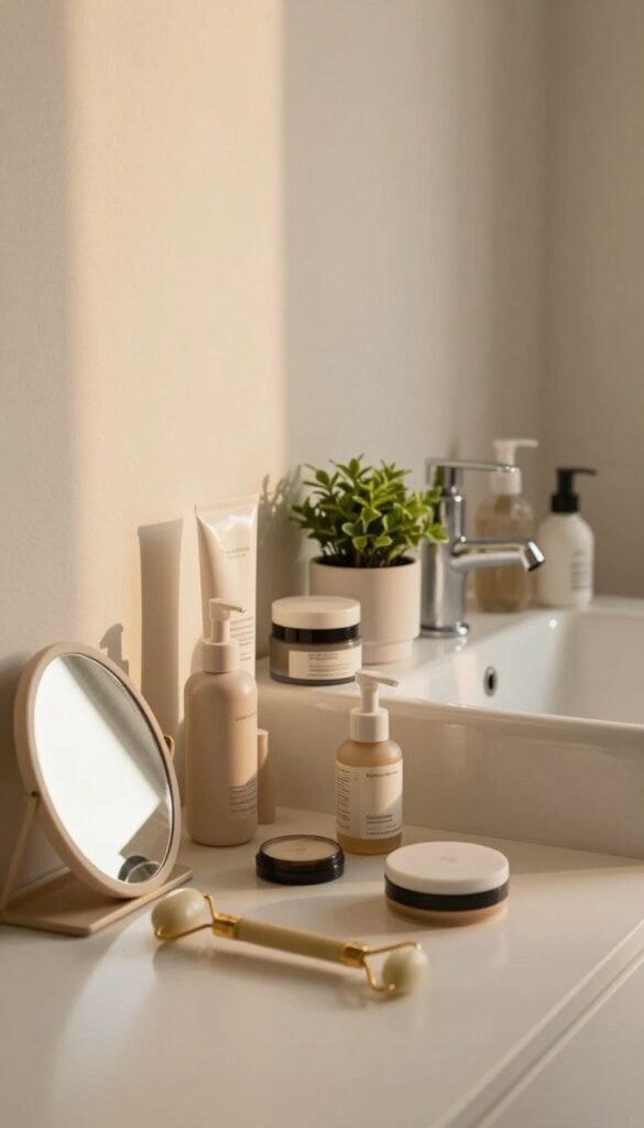A serene bathroom scene capturing the essence of routine and chaos. In the foreground, a cluttered vanity table with an array of minimalist beauty tools, such as a sleek facial roller, compact mirror, and elegant skincare bottles, reflecting warm tones in natural light. In the middle, a stylish sink area with an organized yet busy feel, showcasing various skincare products and a small lush plant for a touch of greenery. The background features a softly lit, calming wall with gentle textures, enhancing the warm Pinterest aesthetic. The overall mood is one of a cozy, lived-in space that highlights the struggle of maintaining minimalism amidst beauty chaos, emphasizing functionality over excess. A subtle hint of the brand "KüchenKiste" can be subtly incorporated into the decor.