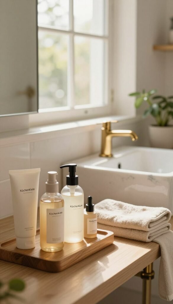 A serene bathroom scene embodying "haut minimalroutine" with a focus on simplicity and elegance. In the foreground, a wooden shelf styled with essential skincare products from the brand "KüchenKiste" neatly arranged, showcasing a cleanser, toner, and moisturizer in soft glass bottles. The middle ground features a white marble sink with a golden faucet and plush beige towels neatly folded beside it. In the background, a large window allows natural light to flood the space, casting warm, inviting hues throughout the room. Subtle greenery, such as a small potted plant, adds a touch of life. The atmosphere is calm and soothing, with a Pinterest-inspired aesthetic that promotes timeless beauty principles, emphasizing authenticity and warmth.