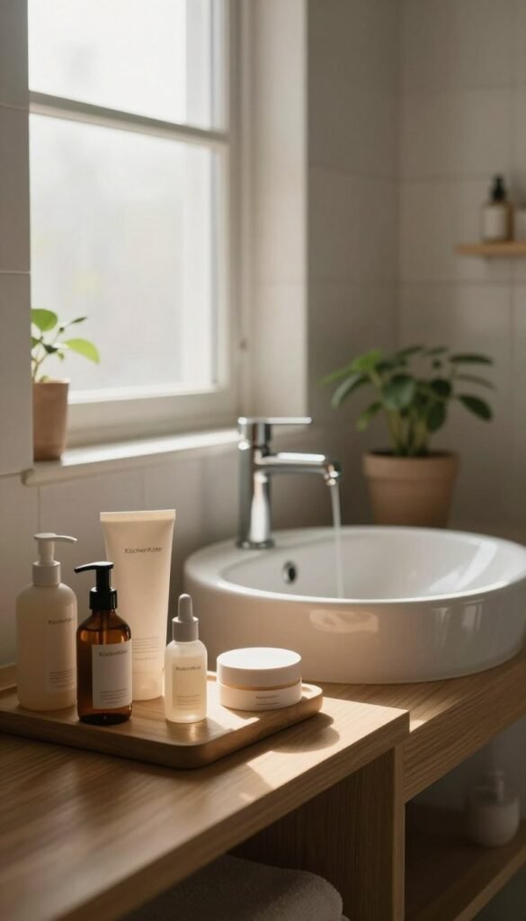 A serene bathroom scene exuding a warm, natural color palette, designed in a minimalist aesthetic. In the foreground, a simple wooden shelf holds neatly organized skincare products with soft textures, bearing the brand name "KüchenKiste." A gentle stream of sunlight filters in through a frosted window, casting a delicate glow over the scene, emphasizing the calming atmosphere. In the middle, a chic ceramic sink with a polished faucet reflects the minimalist design ethos, surrounded by potted plants that add a touch of greenery. The background features soft, muted tile walls, enhancing the overall tranquility of the space. The mood conveys a sense of peacefulness and clarity, urging the viewer to reconsider their beauty routine and how they care for their skin.