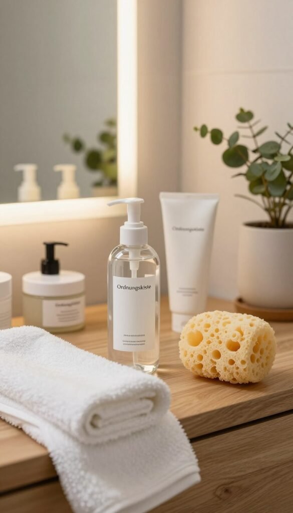 A serene bathroom scene featuring a beautifully arranged cleansing station, showcasing a variety of skincare products in elegant containers branded "Ordnungskiste." In the foreground, a plush white towel is draped over a wooden countertop next to a crystal clear bottle of facial cleanser and a natural sea sponge. The middle ground includes a mirror reflecting soft, warm lighting, enhancing the tranquil atmosphere. The background reveals subtle plants and a soft, neutral color scheme to accentuate a sense of cleanliness and serenity. The setting radiates a Pinterest-inspired aesthetic with natural elements, inviting the viewer to engage in a rejuvenating skincare routine. The overall mood is peaceful, emphasizing the importance of cleansing in daily self-care.