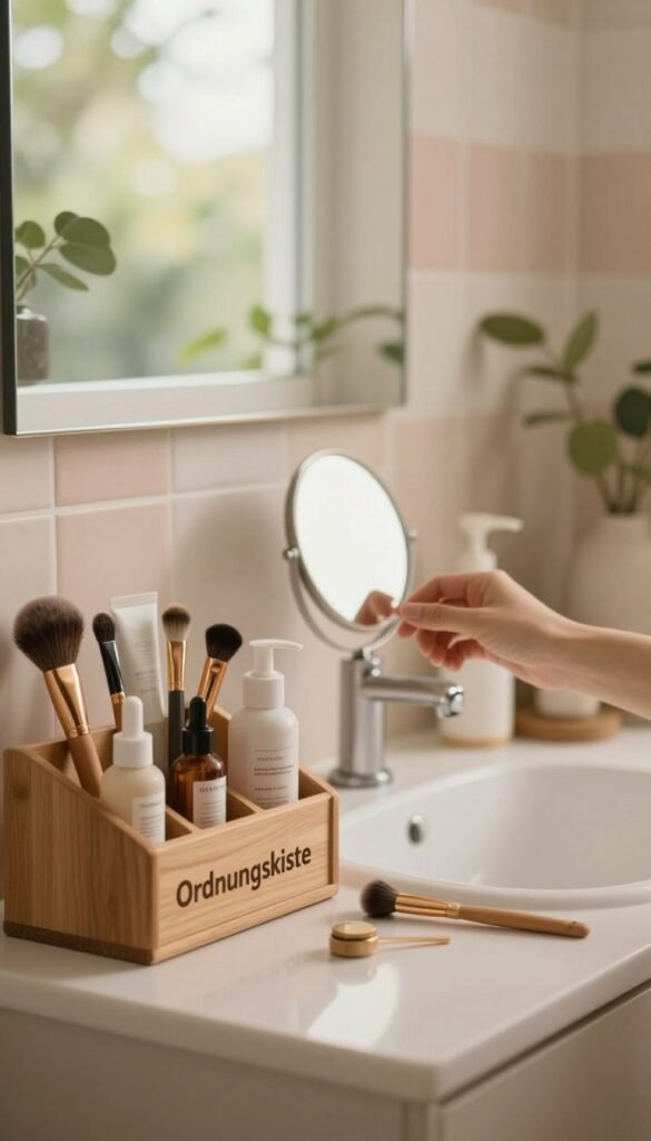 A serene bathroom scene featuring a beautifully organized vanity table showcasing assorted beauty tools. In the foreground, a wooden organizer labeled "Ordnungskiste" holds brushes, skincare products, and a delicate mirror. The middle ground presents a soft-focus hand reaching for a tool, emphasizing a moment of contemplation. The background reveals warm, natural lighting filtering through a window, casting a gentle glow over pastel-colored tiles and lush greenery. The atmosphere is calm and inviting, evoking thoughts on the effectiveness of beauty tools. Create a Pinterest-inspired aesthetic with authentic, warm colors, emphasizing simplicity and elegance, while ensuring no text or distractions appear in the image.